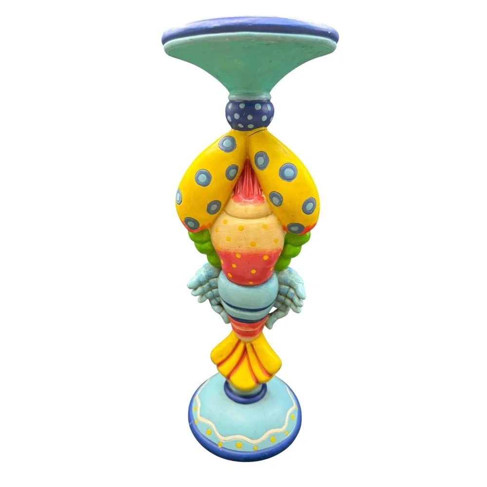 Rare Whimsical Hand Painted Lobster Pillar Candle Holder Coastal Folk Art Decor